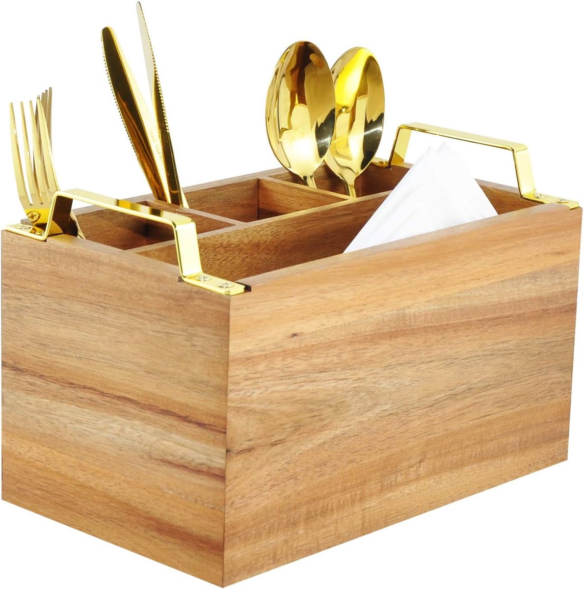 Houten Bestekbak - 4 Compartimenten Bestekhouder met Gouden Metalen Handgrepen - 25,4 cm B x 15,2 cm D x 16,5 cm H, 0,9 kg Spiretro Acacia Houten Bestekbak - 4 Compartimenten