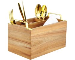 Houten Bestekbak - 4 Compartimenten Bestekhouder met Gouden Metalen Handgrepen - 25,4 cm B x 15,2 cm D x 16,5 cm H, 0,9 kg Spiretro Acacia Houten Bestekbak - 4 Compartimenten