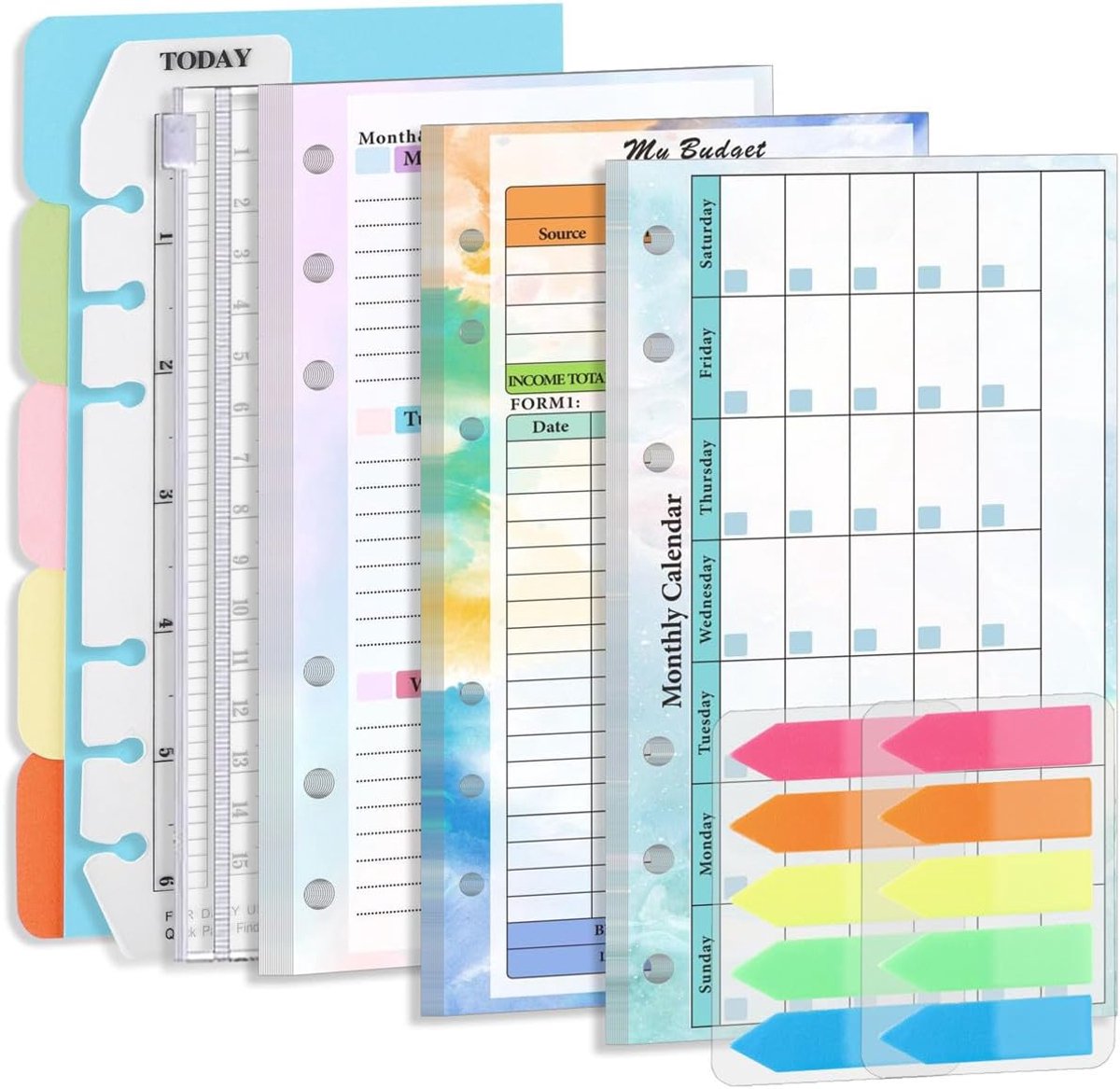 A6 navulbladen, kleurrijke weekplanner, maandkalender, budgetplanner voor 6-ringmap, 200 indextabbladen, transparant vak en liniaal, 5