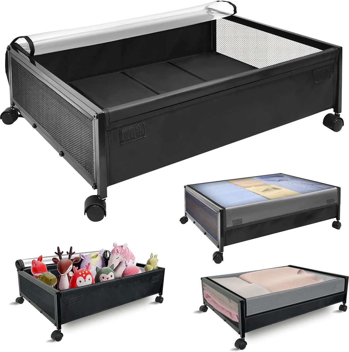 Opbergbakken voor Onder Het Bed op Wieltjes met Deksel (4 Stuks) | Metalen Opbergbakken op Wieltjes voor Onder Het Bed, Opbergzakken voor Kleding, Schoenen, Speelgoed en Dekens