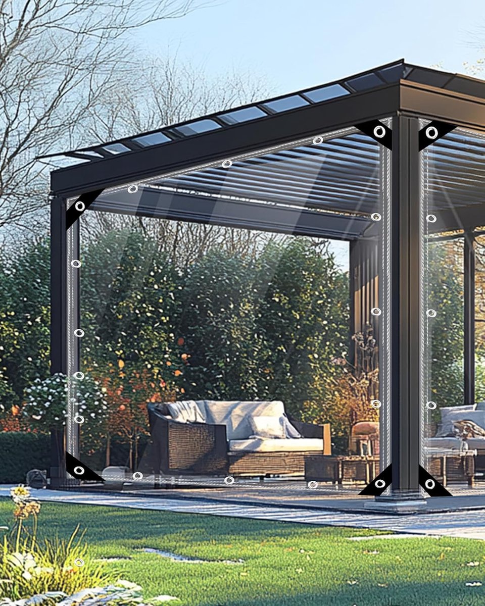 dekzeil, 2 x 3 m, met ingestanste ringen, transparant, waterdicht, 420 g/m², afdekzeil, folie, transparant, windbescherming, terras voor buiten