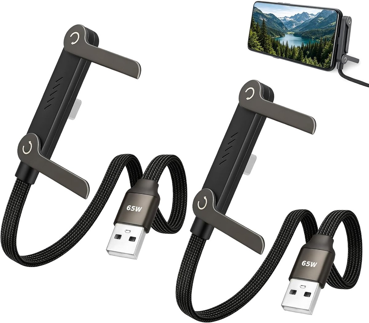 USB-A naar USB-C kabel 1,5 m - gevlochten nylon - geïntegreerde telefoonhouder - ideaal voor snelladen - SnelShoppen