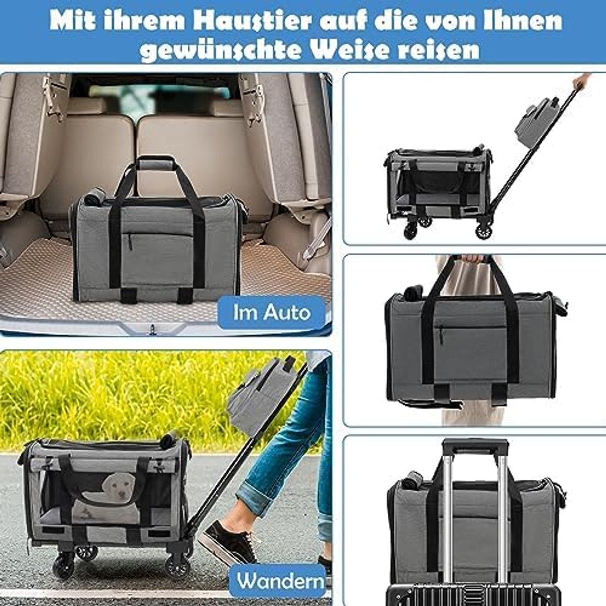 SnelShoppen - FANTASK Draagbare Transportbox met Telescoop Handvat, Wielen en Kleine Tas, Opvouwbare Reisbox voor Kleine en Middelgrote Huisdieren