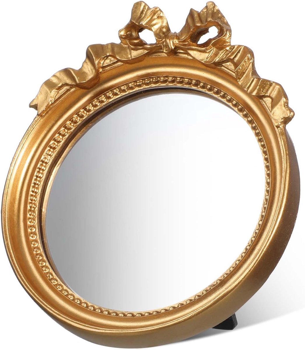 SnelShoppen - Vintage Decoratieve Spiegel Gouden Lijst Hang Spiegel Wandspiegel Klein Ovaal 12 x 10,5 cm Goud voor Make-up en Decoratie