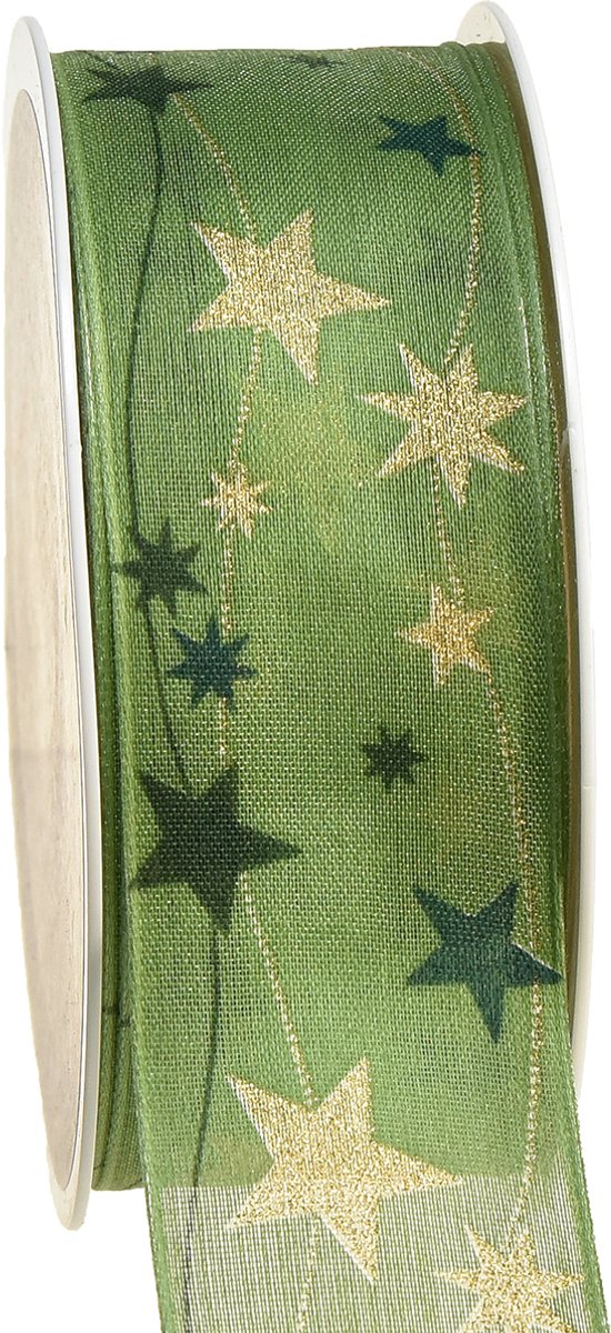 Kerstlint met sterren cadeaulint groen met draadrand 40mm 15m