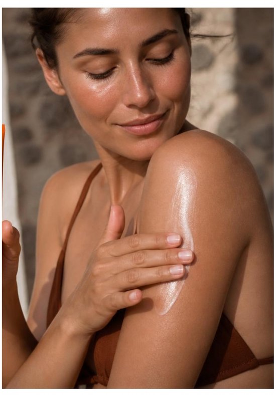 Vrouw met gesloten ogen en bruine bikini, brengt Lancaster after sun lotion aan op haar glanzende arm.