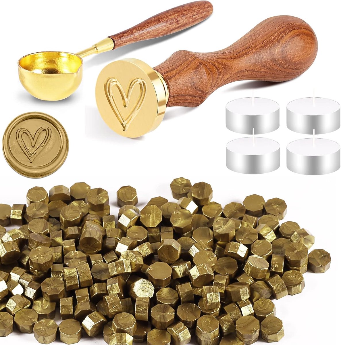 200 stuks zegelwax-kralenset, waszegelstempel met 1 zegelstempel, 1 smeltlepel, 4 theelichtjes, zegellakkralenset voor envelop, uitnodigingen, kaarten, cadeau (hart, donkergoud)