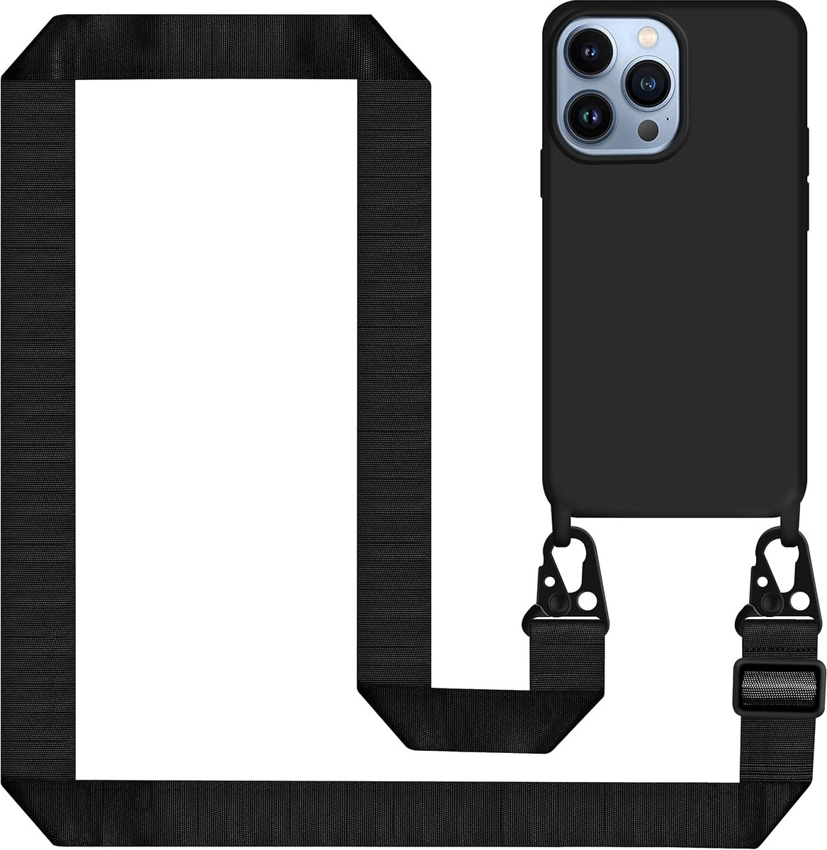 Beschermhoesje met koord voor iPhone 14 Pro Max, vloeibare siliconen, hoesje met verstelbaar koord, ketting, zwart