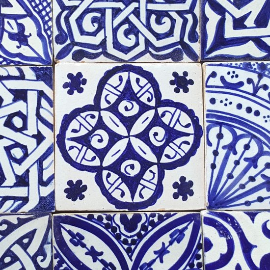Moro HBF8400 Oosterse tegelmix, 10 x 10 cm, blauw wit, verpakking van 9 stuks, handbeschilderde Marokkaanse tegels, patchwork, kunsthandwerk uit Marokko, wandtegels voor mooie keuken, douche, — afbeelding 4