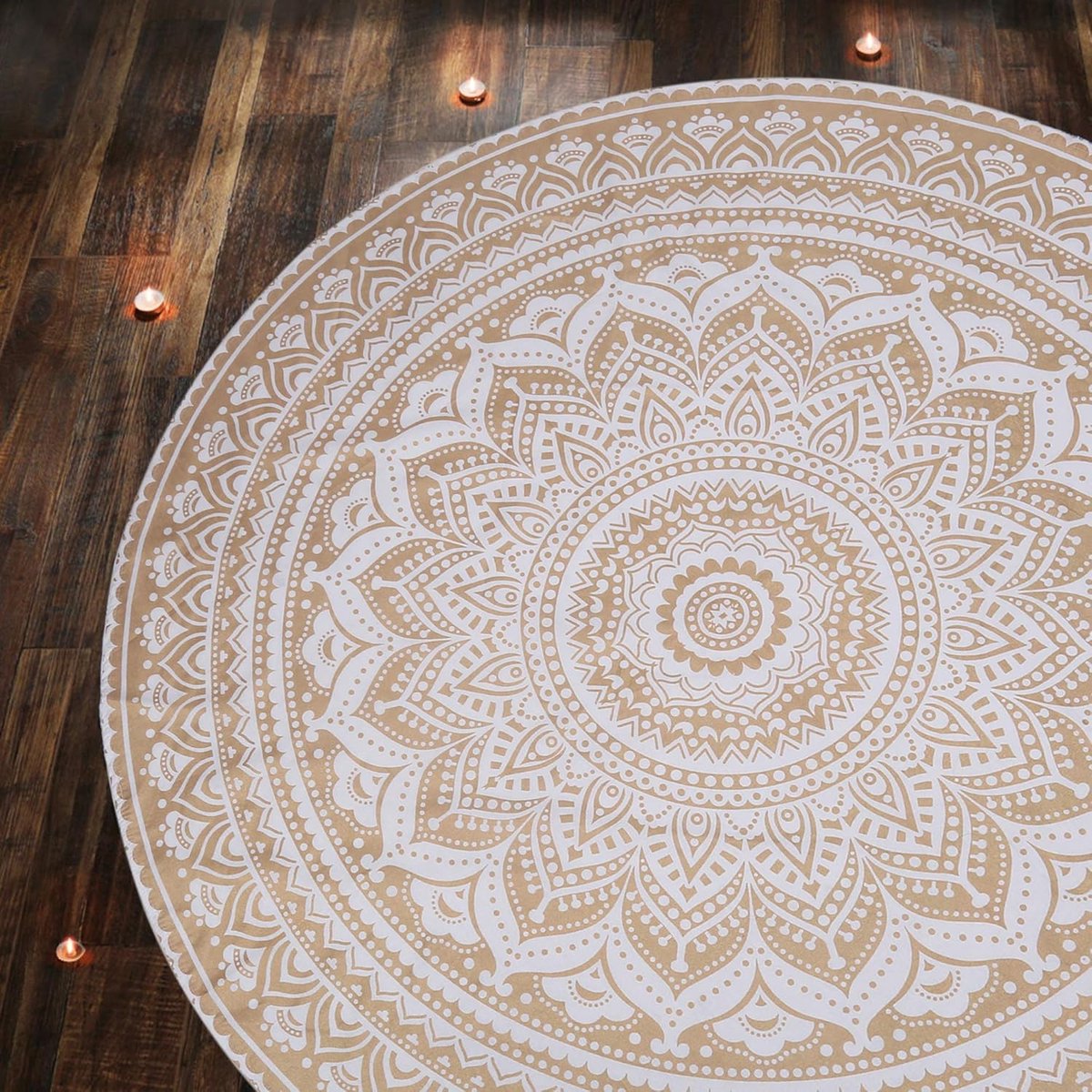 Mandala, rond, tapijt, klein, rond, goud, boho, chic, katoen, sprei, strand, tapijt, rond, strand, gooien, voor picknick en camping, wit en goud, 122 cm
