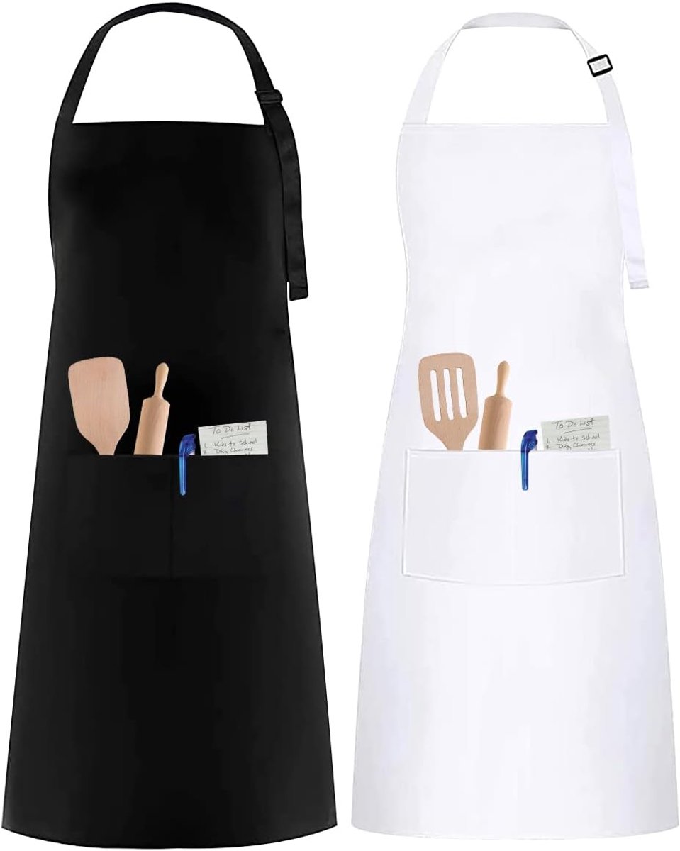 Keukenschort voor heren, kookschort, 2 stuks schorten voor heren en dames, zwart en wit, verstelbaar keukenschort met zakken, Zwart, 72cm