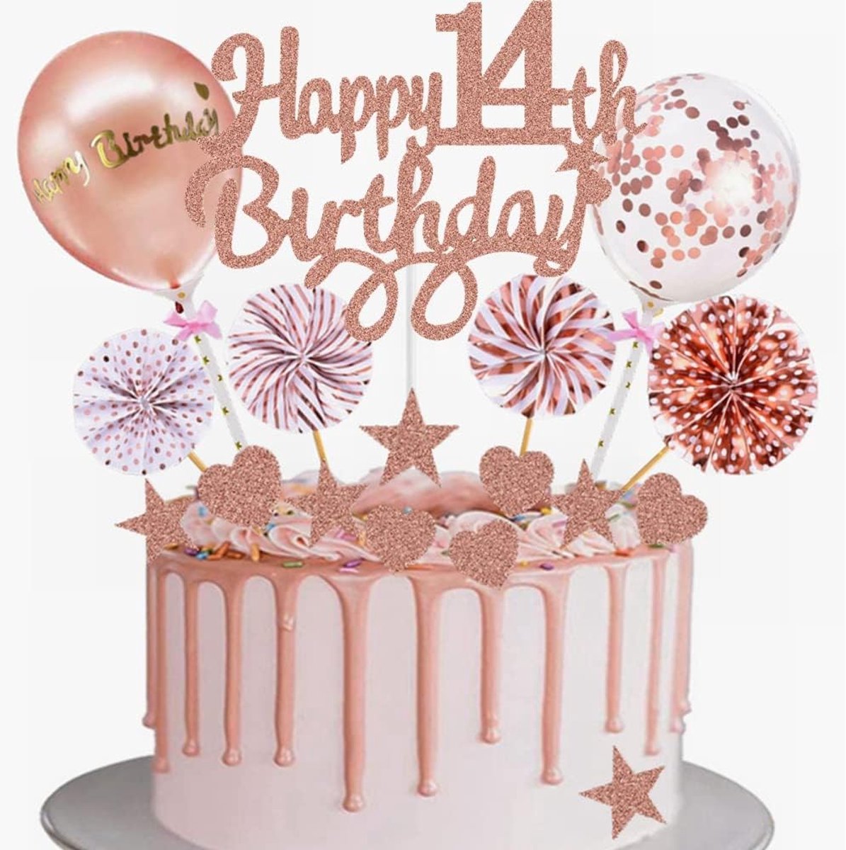 14e Verjaardag Taart Topper 1 Stuk Roségouden Ballonnen Confettiballonnen Papieren Waaiertopper Glittersterren Glitterhartjes