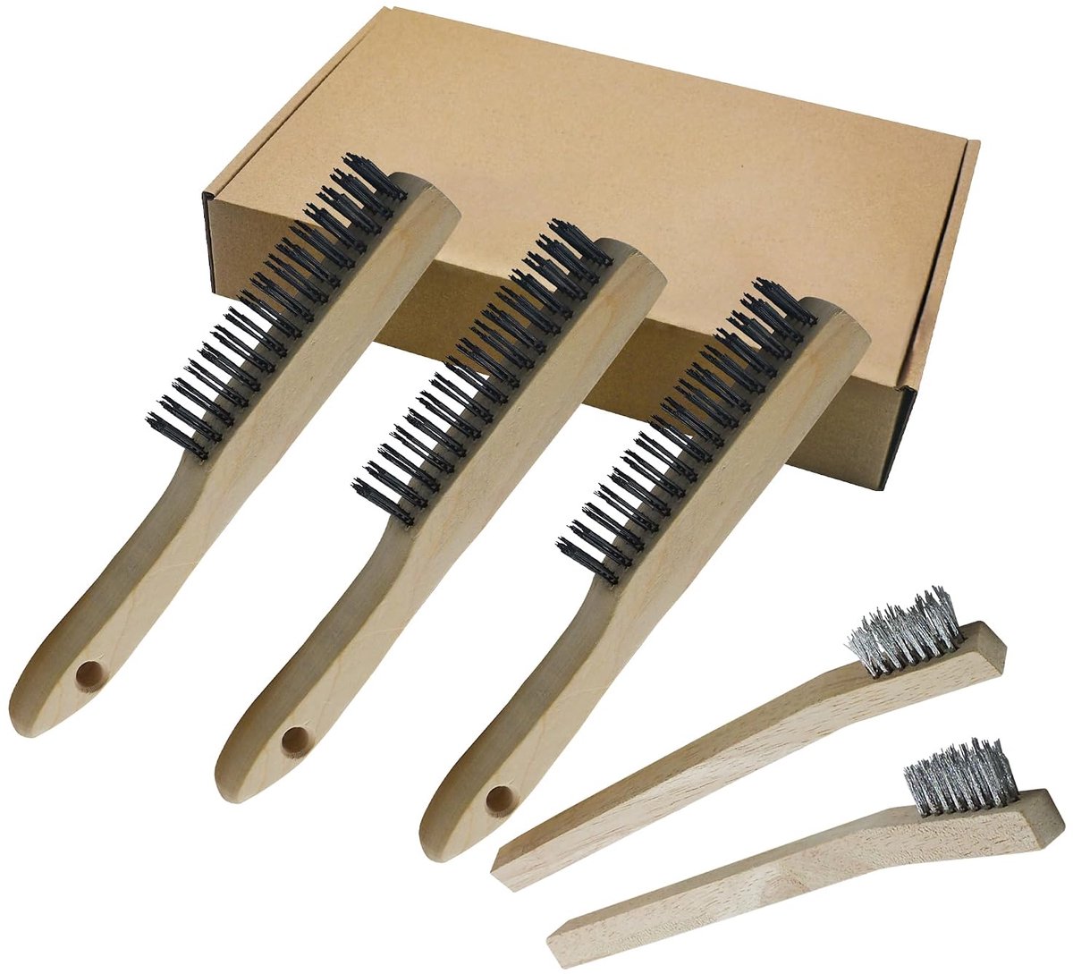 5-delige handdraadborstelset, draadborstels met houten handvat, 3 x grote roestvrijstalen borstel 250 mm, 2 x kleine roestvrijstalen borstel 205 mm, metalen borstel, handdraadborstelset voor