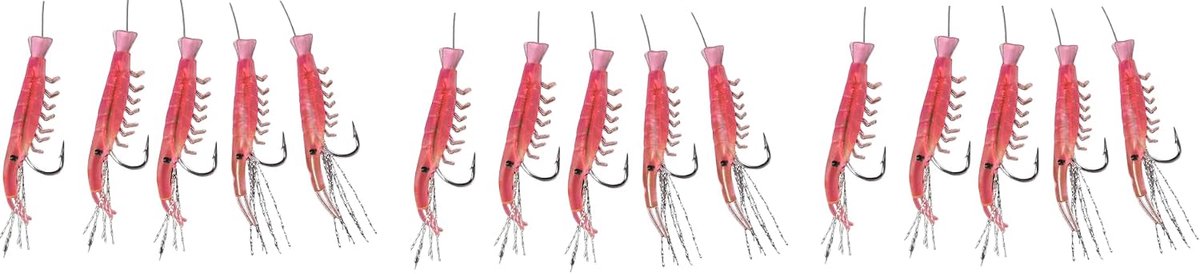 by Jenzi Makreel-Shrimp met 3 zeevoorvakken 5 armen oplichtend Noorwegen gemonteerd lengte 150 cm, lijndikte 0,60/0,35 mm, haakmaat 4