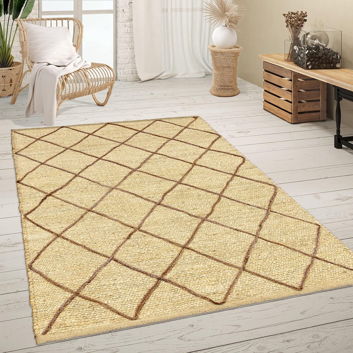 Home Vloerkleed Woonkamer Jute Natuurvezel Handgemaakt Modern Scandi 3D-patroon, Maat:300x400 cm, Kleur:Crème
