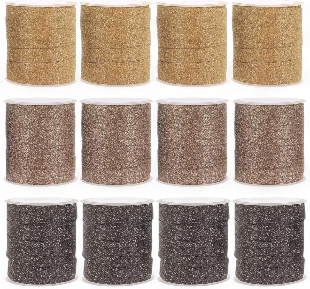 krullint polyband cadeaulint cadeaulinten om te knutselen en verpakken - glanzend en mat gesorteerd (goud - brons - titaniumgrijs glitter, 12 rollen cadeaulint elk 10 m)