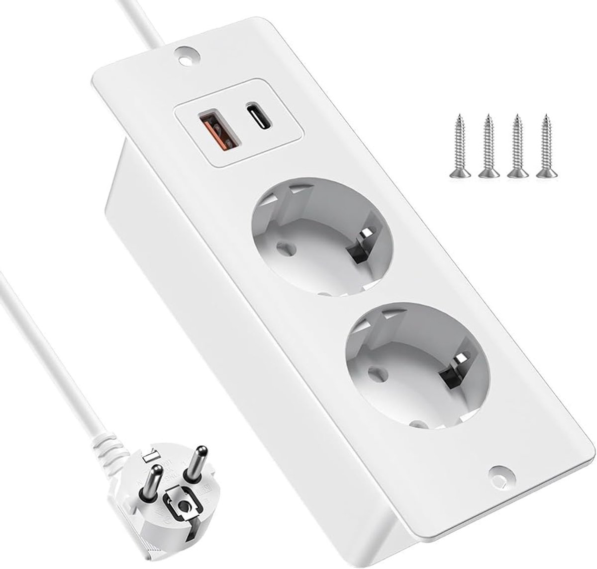 Inbouwstopcontact met USB en Type-C, 4-in-1 tafelstopcontact, 2-voudige inbouwstekkerdoos, tafelblad verzonken met 2 m kabel, meervoudige stekker voor stopcontact, meervoudig stopcontact voor