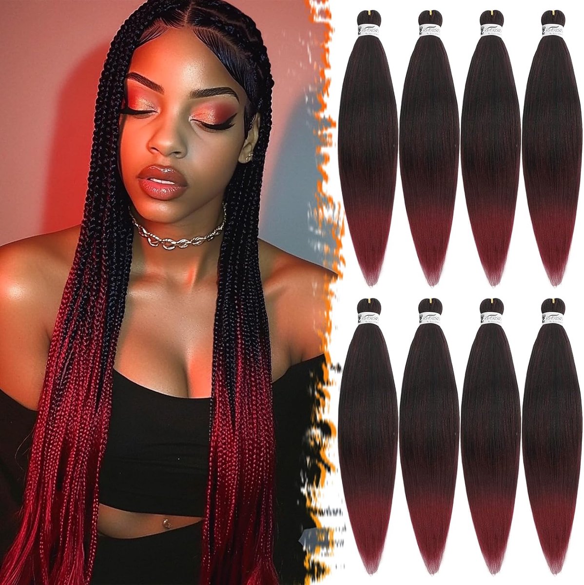 66cm Voorgerekt Vlechthaar, 8 Packs Zwart Ombre Bourgondië Vlechten Extensions Synthetisch Gehaakt Vlechthaar Yaki-textuur Gemakkelijk Vlechten Haarextensies voor Vrouwen