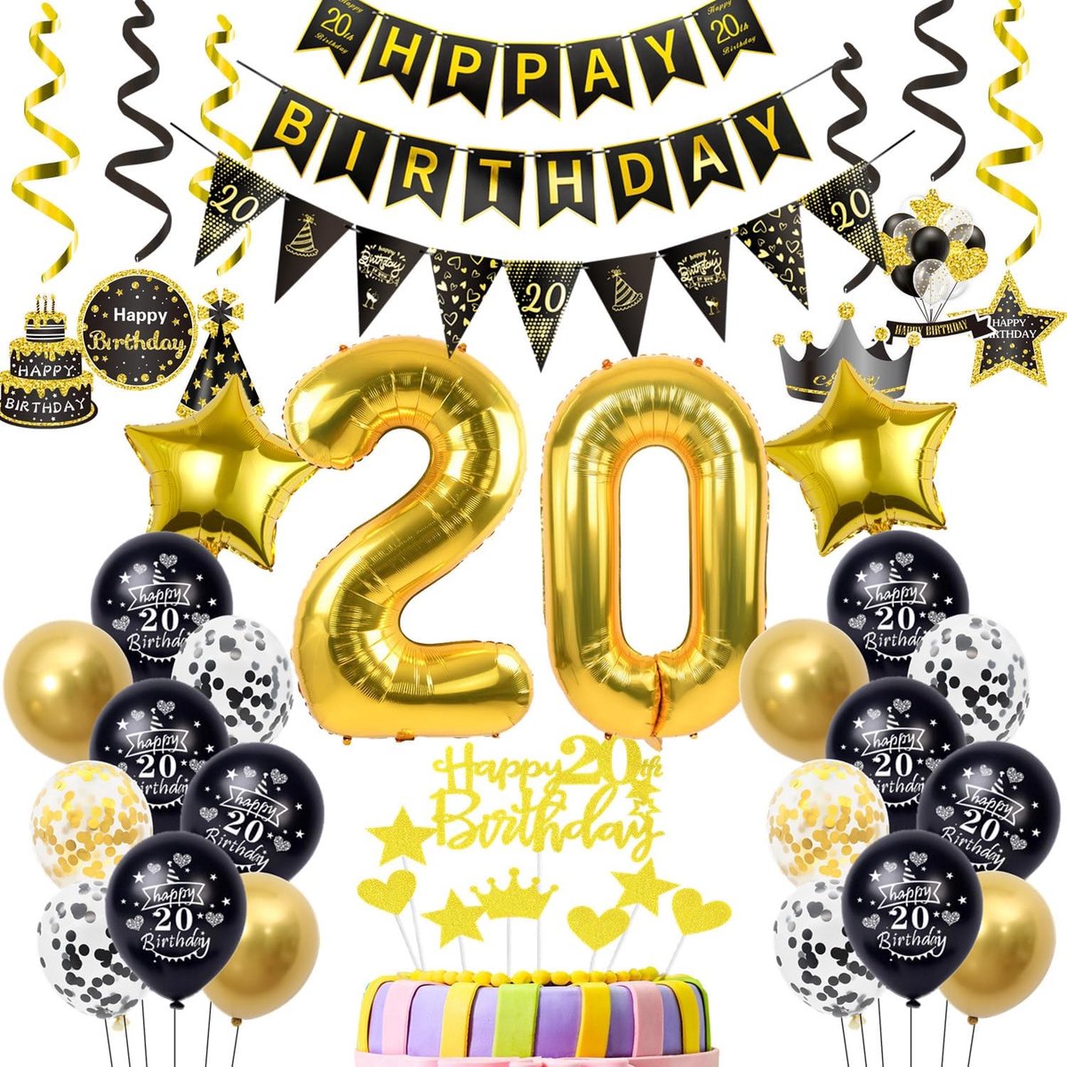 Ballonnen 20e verjaardag decoratie zwart goud, decoratie 20e verjaardag decoratie, ballon 20 man decoratie, gouden taartdecoratie 20 jaar verjaardagsdecoratie 20 jaar mannen vrouwen goud
