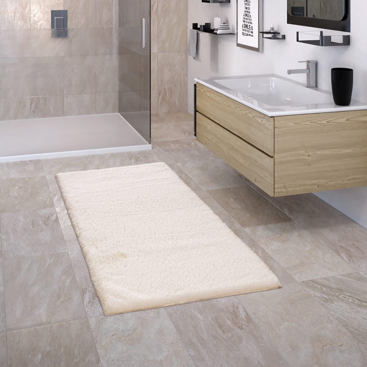 Home Badkamerkleed Badmat Badvloerkleed Badkleed Douchemat Shaggy Antislip Pluizig Wasbaar Effen Patroon, Maat:50x80 cm, Kleur:Crème