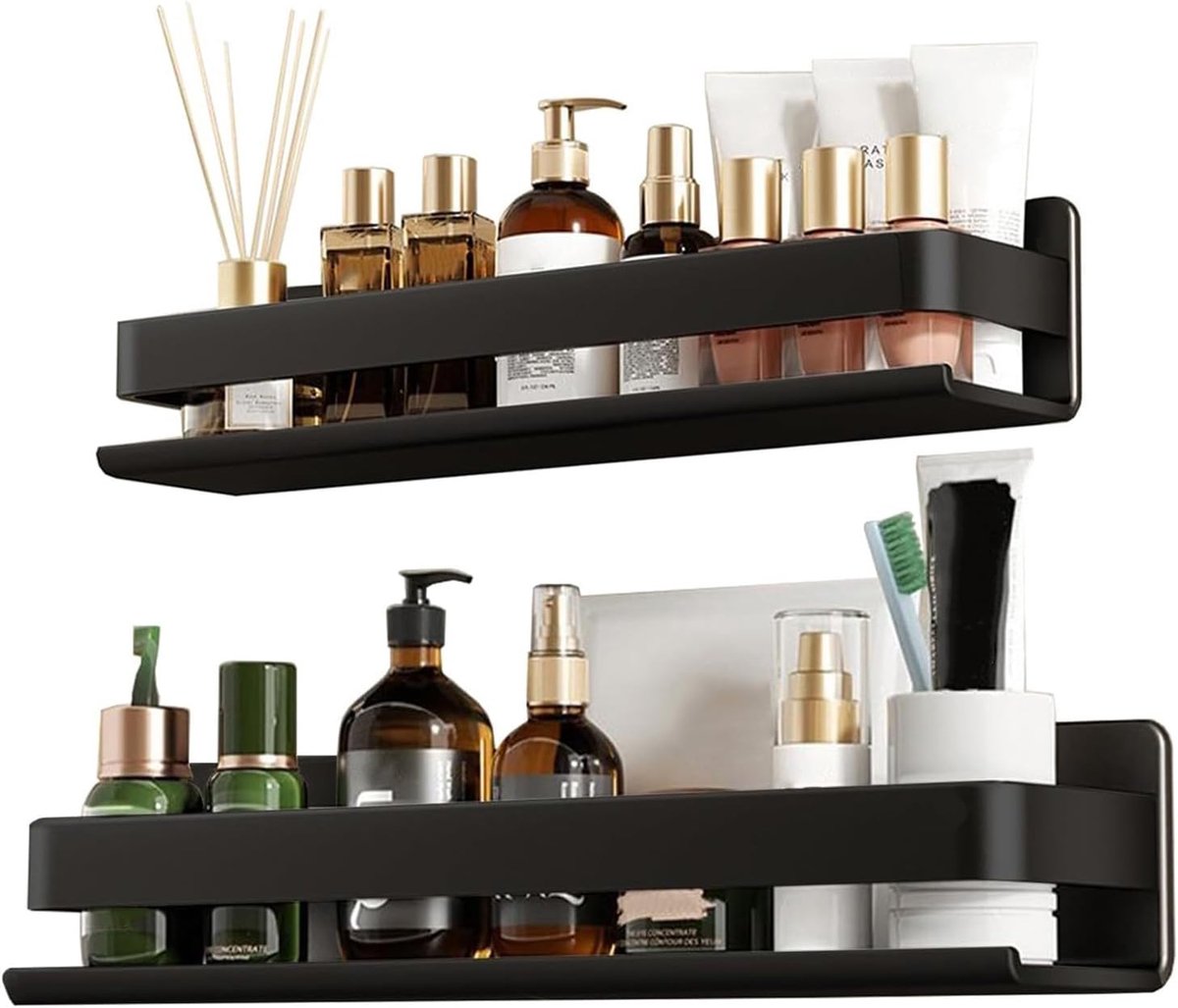 2 stuks douchecaddy, roestvrij staal badkamerplank organizer zonder boren, wandgemonteerde zelfklevende badkamercaddy, roestvrije badkameraccessoires, multifunctionele organizer (zwart)