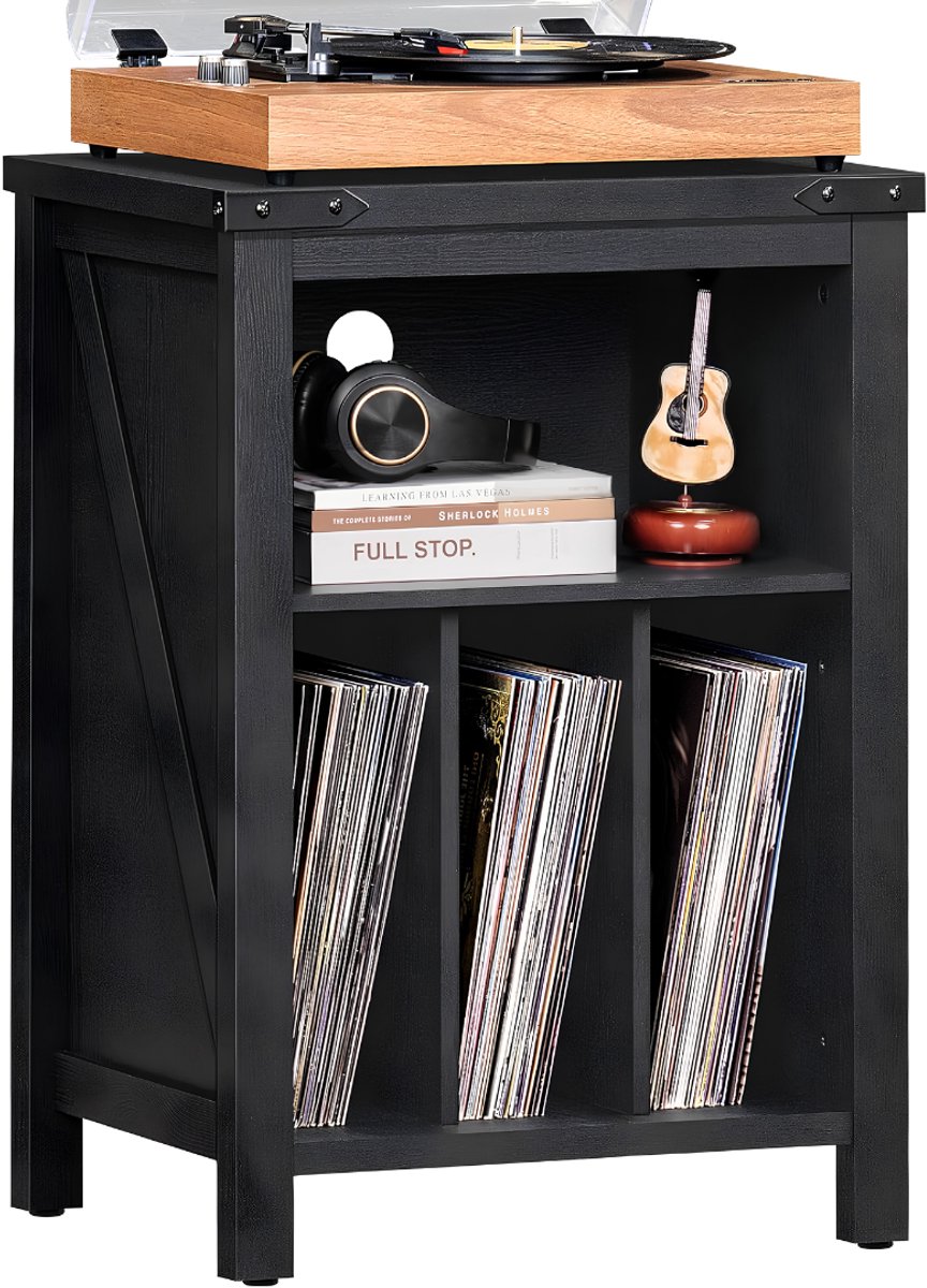 Lìon® Platenspeler Meubel - LP Opbergsysteem - 3 Opbergruimte Scheidingswanden - Platenspelerkast - Zwart - 50cm x 40cm x 74cm