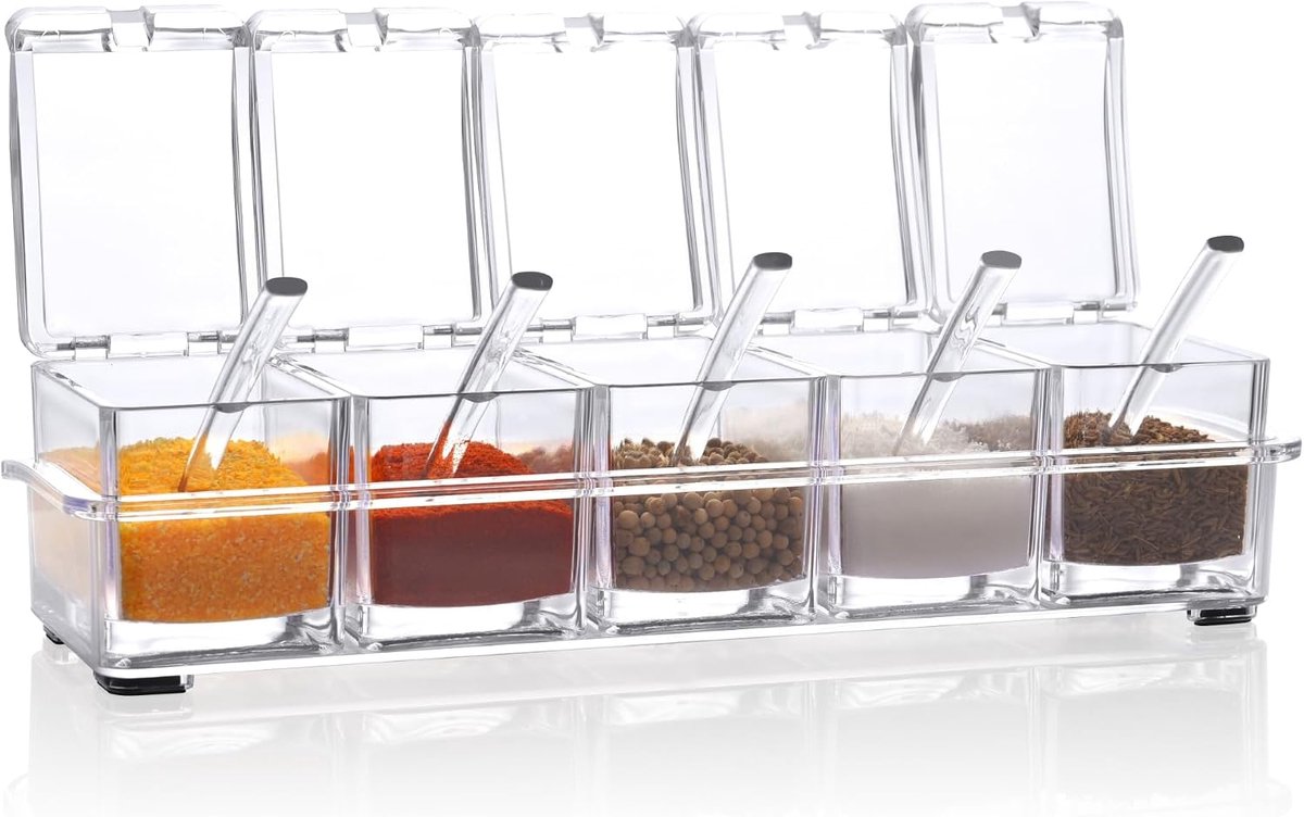 5 stuks transparante kruidenpotjes voor specerijen, zout, suiker, specerijen met 5 lepels