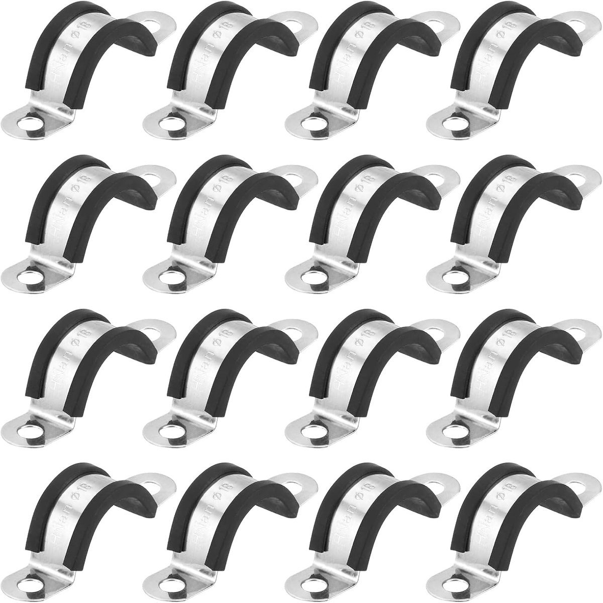 16 stuks kabelklemmen, 18 mm, metalen buishouder voor gedempte U-buisklem, rubber, roestvrij staal 304, voor buizen, bedradingsbevestiging