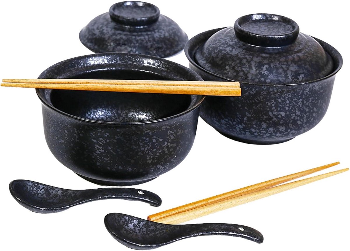 ramenkommenset, 800 ml, met deksel, lepel en eetstokjes, Japanse vintage grote soepkommen, instant noedelkom, Aziatisch servies (zwart)
