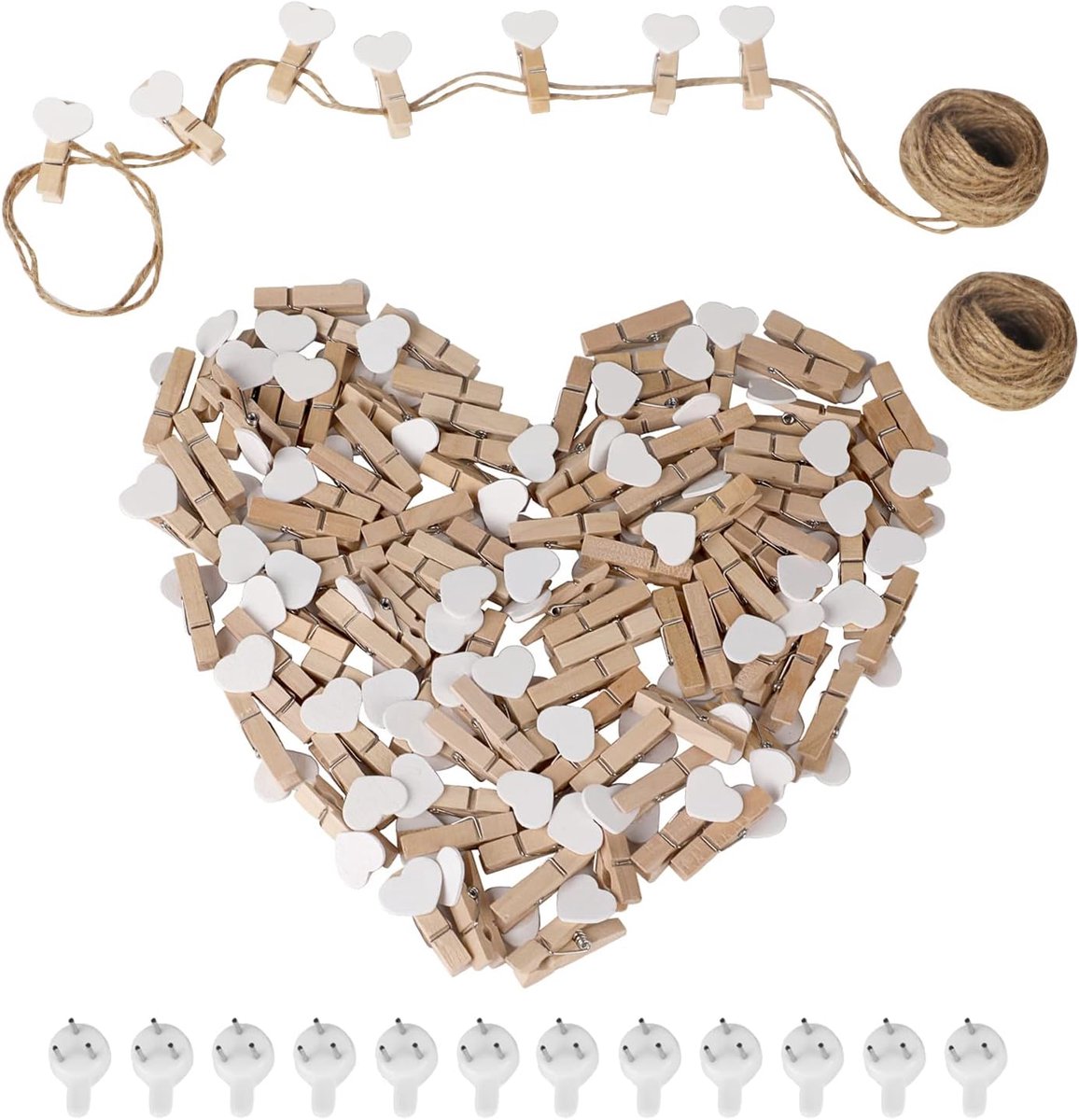 Wasknijpers, 100 stuks, met 20 meter jute koord en 12 spoorloze nagels, houten clips voor foto's, doe-het-zelf fotowand en bruiloftsfeestdecoratie (wit)