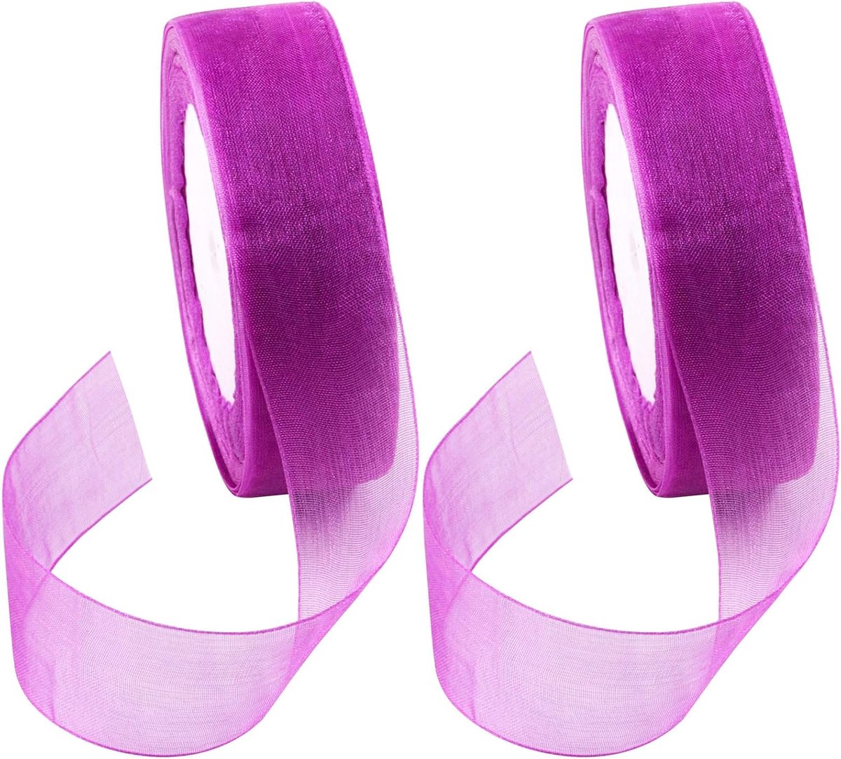 2 rollen 50 meter x 2,5 cm paarse glitter transparant organza lint, transparant lint chiffon stof lint voor boeketten, bruiloft, verjaardagsdecoratie