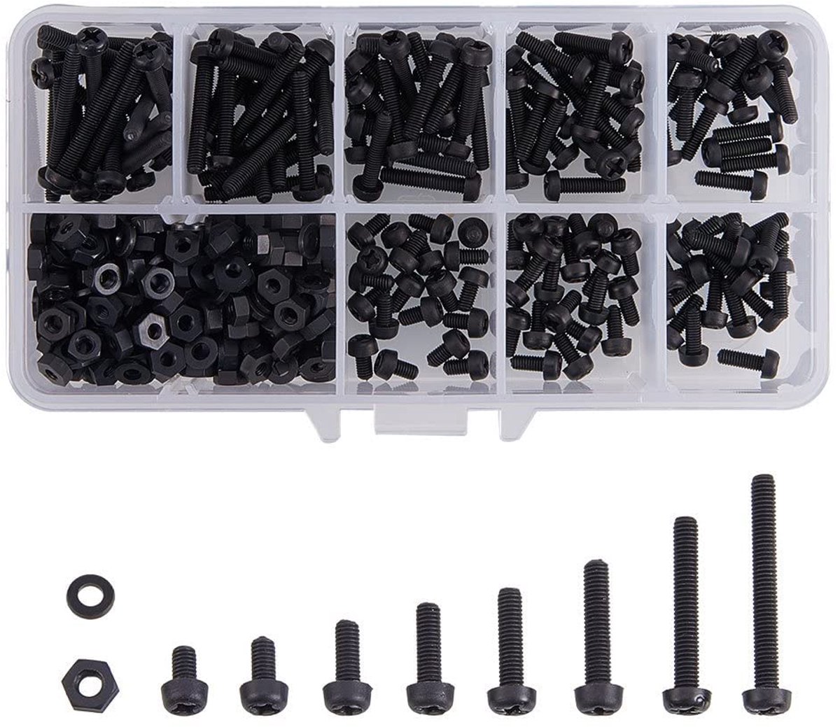 M3 x 5/6/8/10/12/15/20/25mm Nylon Zwarte Schroef/Moer/Wasmachine Assortiment Kit, 480st