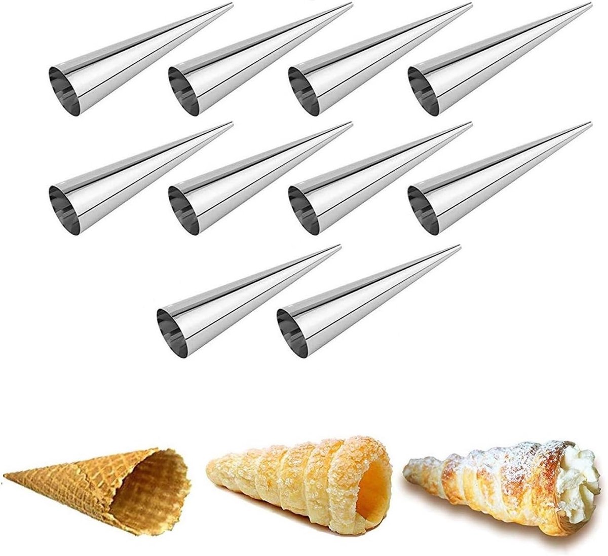 Cannoli Shillerkrullenvorm van roestvrij staal, bakvorm voor schuimrollen, hoorntjes, slagroomrollen, crèmerollen, trubotschki, irillerlokken om te bakken, 10 stuks