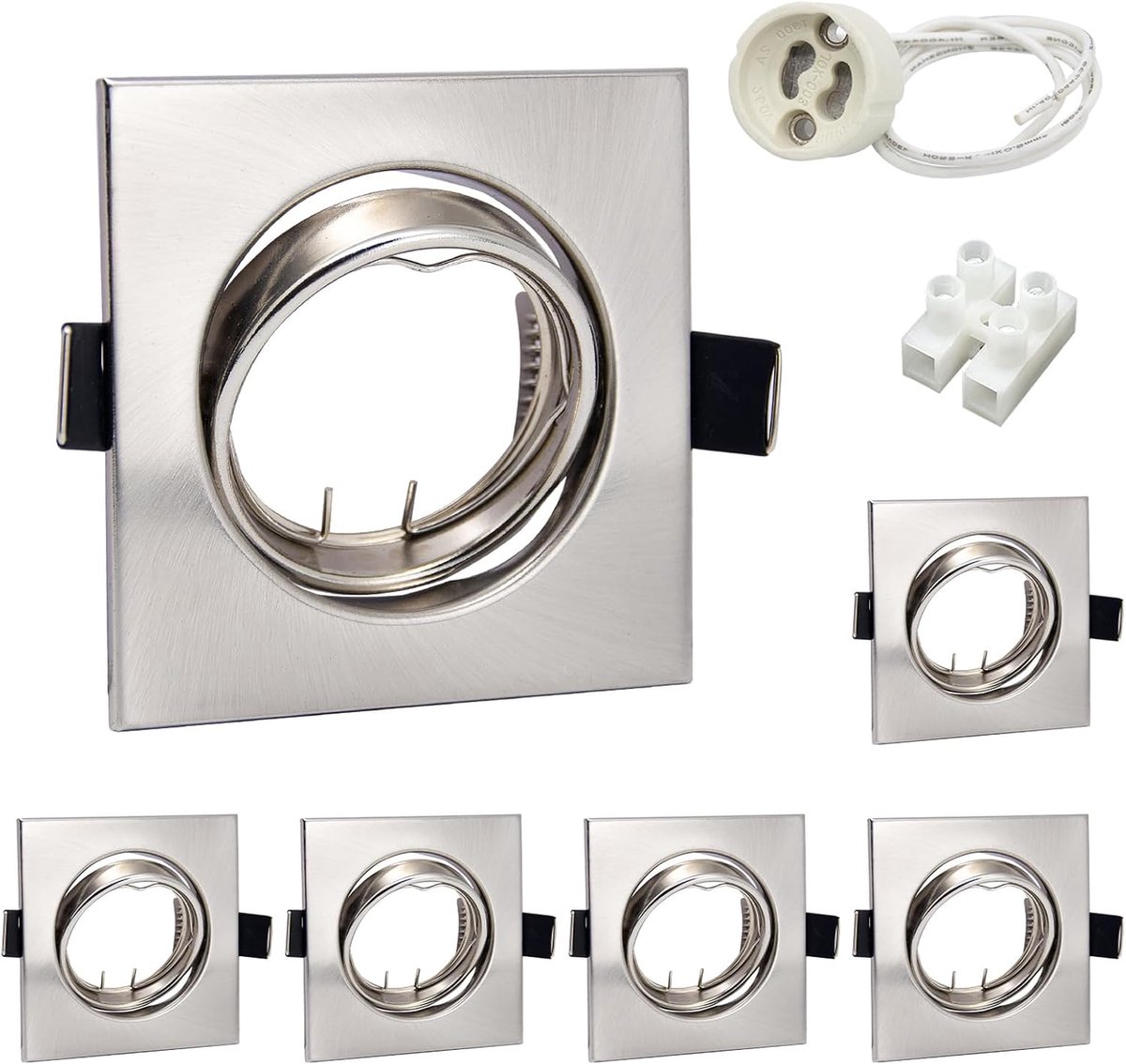 Set van 6 LED inbouwspots GU10 set draaibaar roestvrij staal geborsteld inbouwspots 68mm hoekig 230V inbouwframe incl. fitting voor LED of halogeen