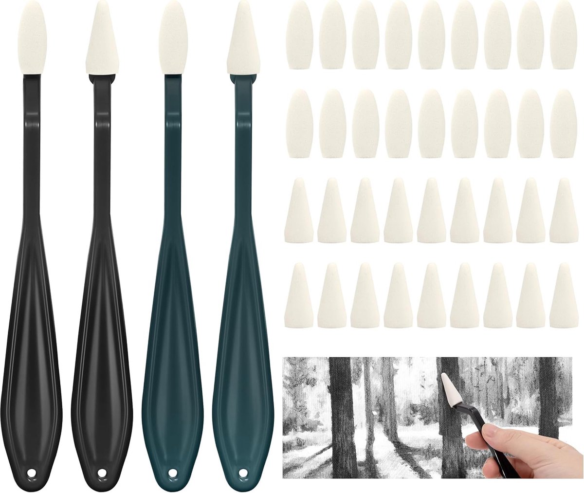 Set van 4 vlakgommen voor schetsen met 40 sponskoppen, professionele tekenset, kunstaccessoires voor schetsschilderen