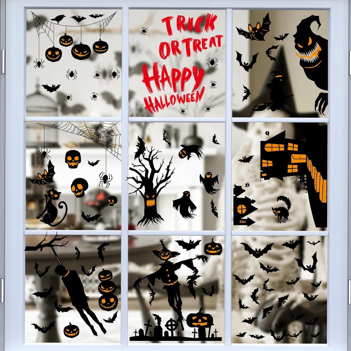 87 stuks Halloween raamdecoratie, raamclings stickers, dubbelzijdige raamafbeeldingen met pompoen, vleermuis, spin stickers, statische zelfklevende PVC herbruikbare Halloween stickers (9 vellen)