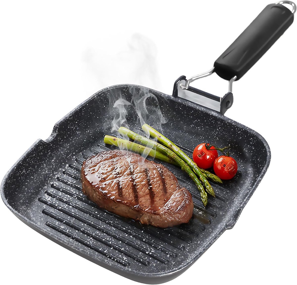 Zwarte titanium grillpan met strepen, inductie, grillpan van titanium, antiaanbaklaag, gegoten aluminium, PFOA-vrij, inklapbare handgreep, geschikt voor glaskeramiek, gas (24 x 24 cm)