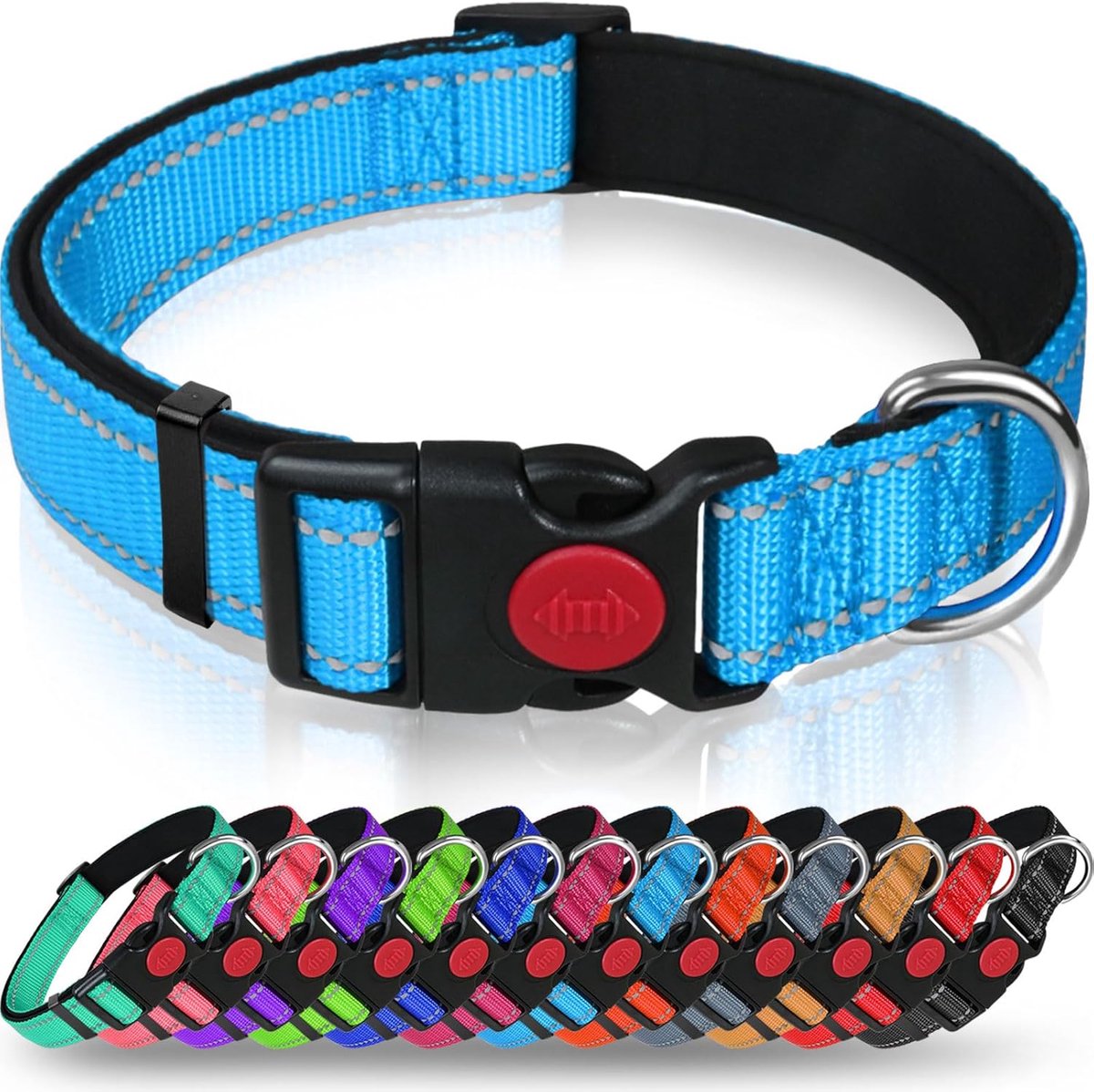 Reflecterende nylon hondenhalsband met veiligheidsgesp, verstelbare halsband, zachte neopreen voering, voor grote honden, hemelsblauw