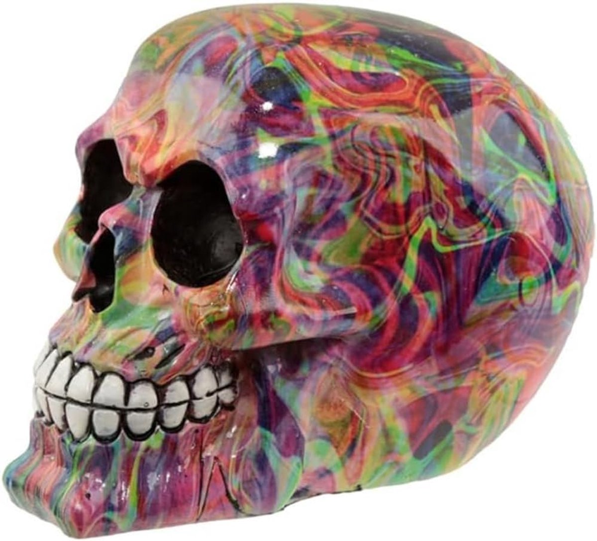 Regenboog marmeren effect schedel ornament - woondecoratie - regenboog marmeren schedel - ornamenten - hars - woonaccessoires - woonkamer accessoires - menselijk skelet - gothic geschenken