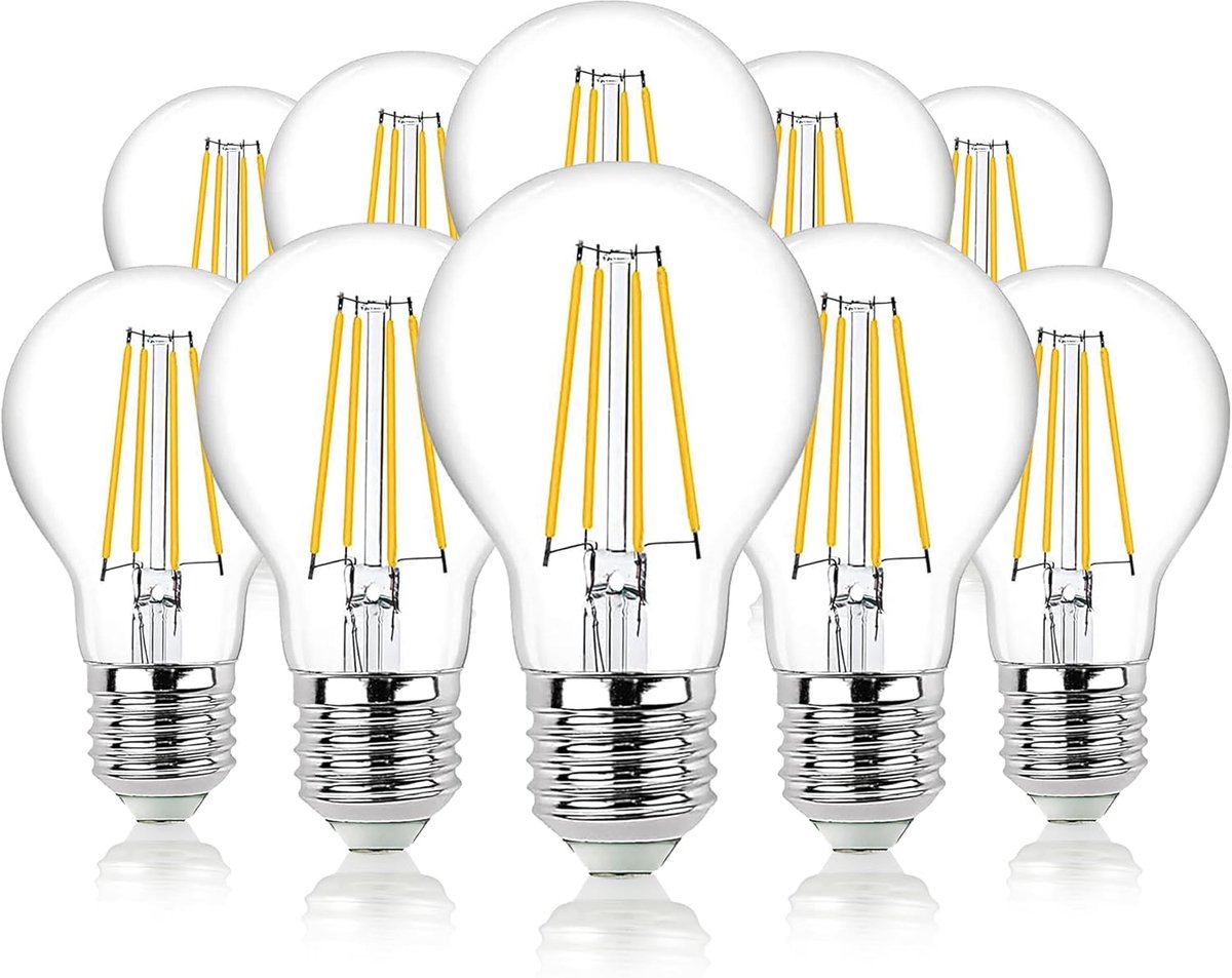 hellum Ledgloeilamp, E27, dimbaar, E27, 7,3 W, warm wit, ledlamp met 806 lumen, E27 vintage ledlamp, vervangt 60 watt gloeilamp, 2700 kelvin, warm wit, helder, 206517, verpakking van 10 stuks 206517