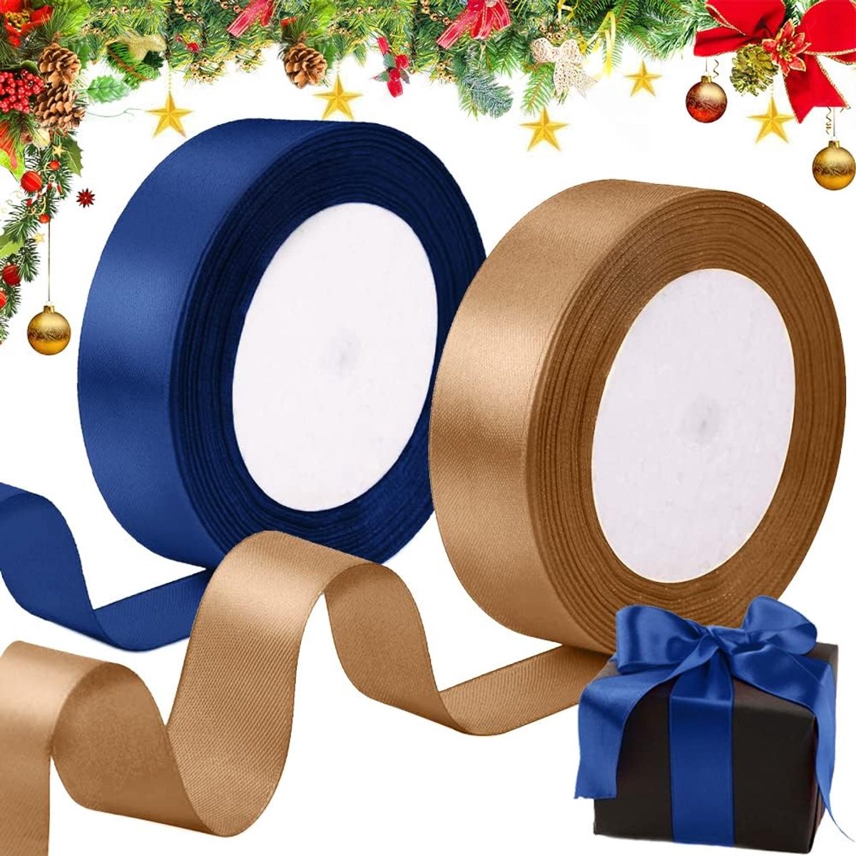 satijnen kerstlint om te knutselen, champagnelinten, goud en blauw 25 mm breed voor het maken van kerstboomtaartkrans, bruiloftsdecoratie, 22 m x 2 rollen