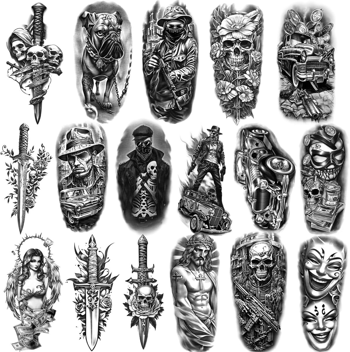 Tijdelijke tattoo voor mannen vrouwen, 77 vellen waterdichte realistische nep-tatoeages, bulldog, dieven, clown, spin, skelet en zwaard tattoo stickers