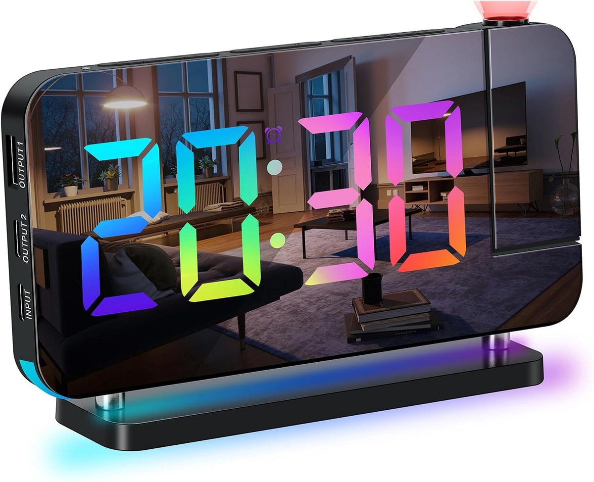 Digitale regenboogwekker, projectiewekker, groot led-spiegeldisplay, kleurrijk nachtlampje, dubbele USB-oplaadpoorten, snooze-functie, dimmen, instelbaar volume, zwart
