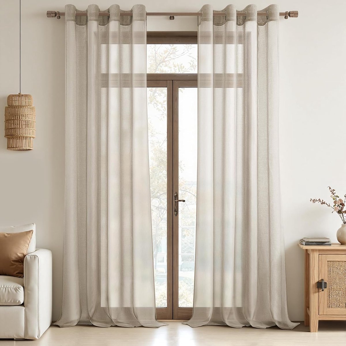 Transparant voilegordijn, 260 cm lang, 2 panelen, linnenlook, met zeilringen, voor slaapkamer, woonkamer, terrasdeur, 140 x 260 cm, beige (biscuit)