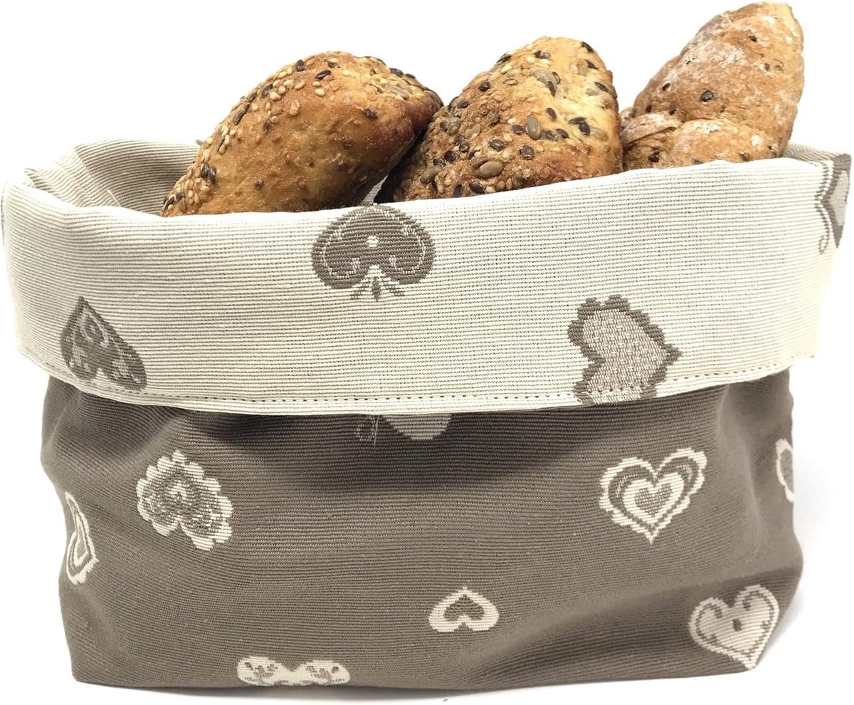 Dubbelzijdige stoffen broodmand in Tiroolse stijl met harten - designtas gemaakt van handgemaakte kwaliteit Cuori Beige