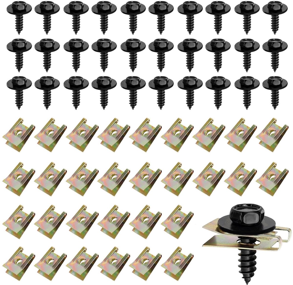 60 stuks carrosserieschroeven, mangaanstaal plaatmoer, zeskantige plaatschroeven, autosierlijsten, plaatmoer, schroef, moer-clipkit met clips