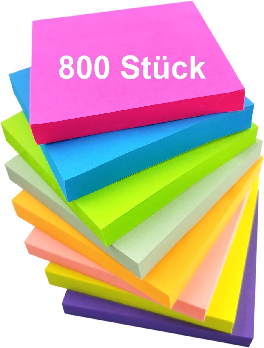 Zelfklevende notities, kleurrijke sticky notes, 8 x 100 vellen zelfklevende notitieblaadjes voor het markeren en markeren van pagina's, checklist of to-do-lijst, school (7,6 x 7,6 cm, 8
