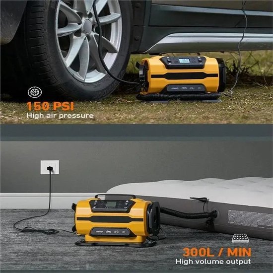 Zerova Luchtcompressor - Draagbare Luchtcompressor 150 PSI - Dual Power Auto Bandenpomp - Digitaal Display - LED-Lamp - Geel — afbeelding 5
