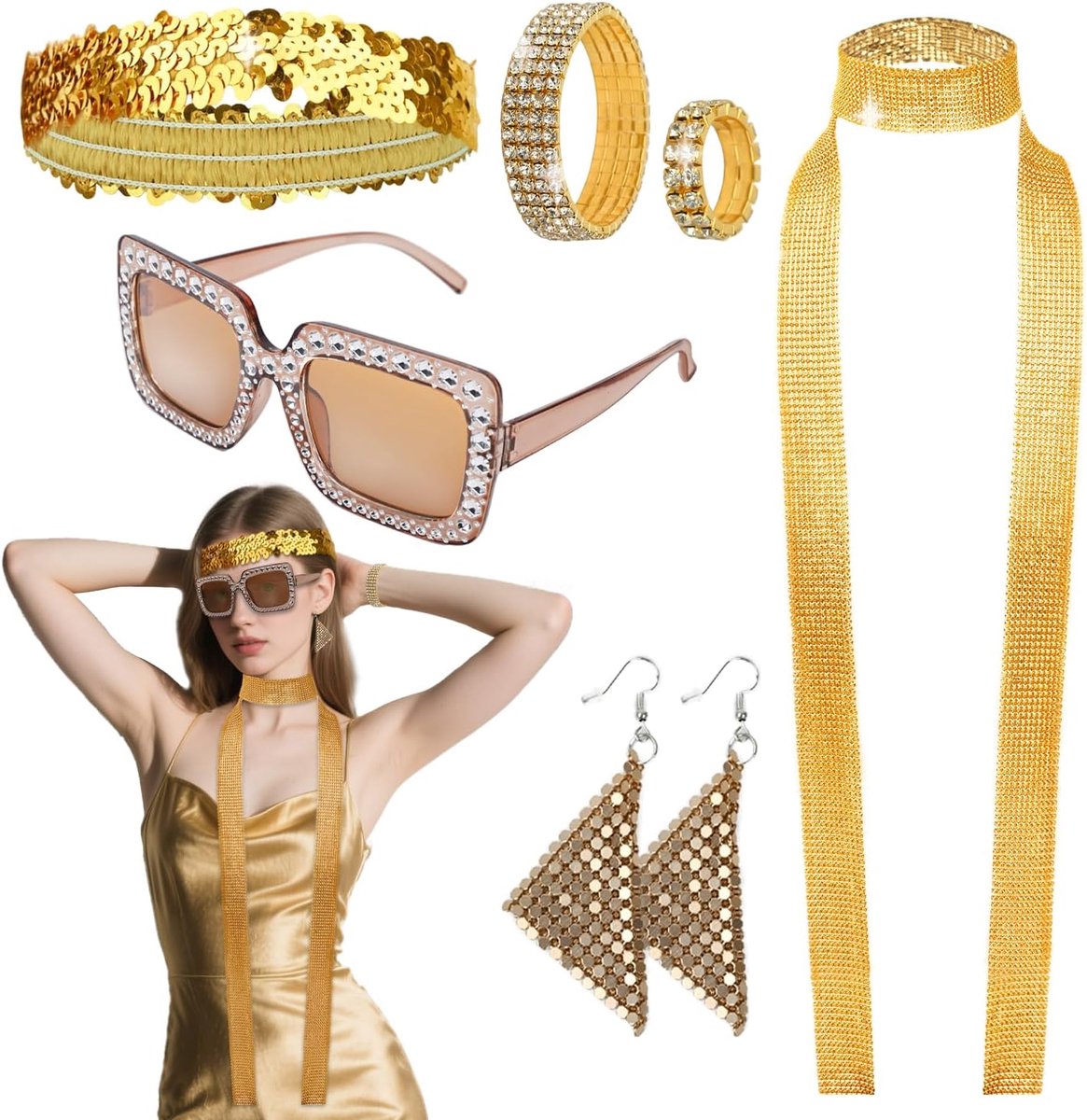 70 Accessoires voor Dames - 6-delige Retro Disco Kostuumset met Zonnebril met Vierkant Montuur, Oorbellen, Sjaal met Pailletten, Haarband, Armband en Ring met Glinsterende Diamant