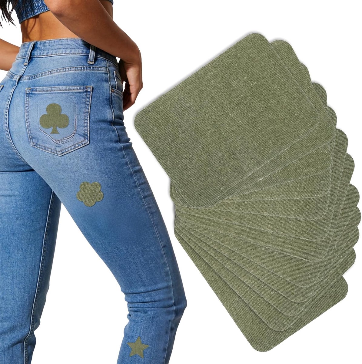 12 stuks opstrijkbare patches voor kleding, 10,5 x 7,5 cm, legergroen, reparatiepatches van stof, broekpatches voor gaten, reparatie- en decoratieset voor jeans, jassen, canvas